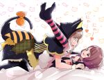  2girls all_fours animal_hood bangs bed_sheet black_dress black_hood black_pantyhose blunt_bangs bob_cut bow bowtie brown_hair cat_hood cat_tail commentary dress frilled_cuffs from_side fur_cuffs halloween halloween_costume hanadera_nodoka healin&#039;_good_precure heart hiramitsu_hinata hood legs_up looking_at_another lying medium_hair mitumi_mira multiple_girls no_shoes on_back on_bed open_mouth pantyhose pink_thighhighs precure red_bow red_bowtie short_dress short_hair smile striped striped_thighhighs tail tail_bow tail_ornament thighhighs translated yuri 