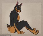  anthro blep butt canid canine canis claws dobermann domestic_dog looking_at_viewer looking_back male mammal nude pinscher rear_view scut_tail short_tail sitting solo tail_motion tailwag tanutanuki tongue tongue_out 