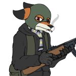  2017 5_fingers ak-47 ambiguous_gender anthro assault_rifle backpack balaclava bent_arm black_clothing black_gloves black_handwear black_jacket black_nose black_topwear canid canine cheeki_breeki cigarette clothed clothing digital_media_(artwork) fingers fox fur gloves gun handwear holding_object holding_weapon jacket looking_at_viewer mammal mask nails orange_body orange_fur ranged_weapon red_eyes reynard_(artist) rifle scarf smoke solo straps topwear weapon white_body white_fur 