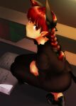  1girl animal_ears book bookshelf bow braid cat_ears cat_tail dress extra_ears from_above hair_bow kaenbyou_rin looking_at_viewer mizuga multiple_tails open_book pointy_ears red_eyes red_hair solo squatting tail touhou twin_braids 