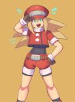  1girl :d bike_shorts blonde_hair cabbie_hat english_commentary gloves green_eyes hand_on_hip hat highres jacket long_hair looking_at_viewer mega_man_(series) mega_man_legends open_mouth red_jacket red_shorts roll_caskett_(mega_man) short_sleeves shorts smile solo standing yoolakbop 