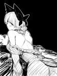  1girl animal_ears ass back bangs bow braid cat_ears cat_tail dress expressionless extra_ears hair_bow kaenbyou_rin looking_at_viewer looking_back mizuga monochrome multiple_tails nekomata off_shoulder pointy_ears solo tail touhou two_tails 