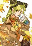  1girl absurdres autumn autumn_leaves braid dated double_bun drinking_straw earrings green_eyes green_lips hair_bun highres jacket jewelry jojo_no_kimyou_na_bouken kujo_jolyne leaf looking_at_viewer open_clothes open_jacket signature stone_ocean yukmomo 