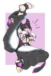  1girl absurdres baggy_pants bamman bangs belt black_eyes black_hair bracelet breasts collar cone_hair_bun feet full_body hair_bun hair_over_one_eye han_juri highres jewelry large_breasts leg_up multicolored_background multicolored_hair navel open_mouth panties_over_leggings pants purple_background purple_hair solo spiked_anklet spiked_bracelet spiked_collar spikes street_fighter street_fighter_6 two-tone_hair white_background yin_yang zipper 