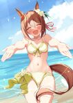  1girl :d ^_^ animal_ears beach bikini blue_sky breasts brown_hair closed_eyes cloud day fine_motion_(umamusume) flower hair_flower hair_ornament highres horse_ears horse_girl horse_tail medium_breasts ocean outdoors saboten_mushi short_hair sky smile solo swimsuit tail umamusume yellow_bikini 