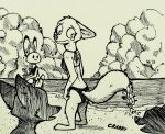  2022 absurd_res anthro arthropod beach bikini bodily_fluids canid canine clothed clothing cloud crab crustacean decapoda disney fennec finnick fluffy fluffy_tail fox fur group hi_res inktober judy_hopps lagomorph leporid looking_at_another malacostracan mammal marine monochrome nick_wilde outside rabbit red_fox sand sea seaside skye_(zootopia) standing swimwear tears theblueberrycarrots traditional_media_(artwork) water zootopia 