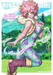  1girl ashido_mina ass black_sclera bodysuit boku_no_hero_academia boots breasts brown_jacket character_name colored_sclera colored_skin english_text from_side fur-trimmed_jacket fur_trim green_bodysuit grin hand_up horns jacket large_breasts looking_at_viewer outdoors pink_footwear pink_hair pink_skin redjet short_hair smile solo teeth tree web_address yellow_eyes 