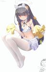  1girl animal_ears bangs bare_shoulders black_hair blue_archive closed_mouth cosplay crop_top fake_animal_ears fuenyuan full_body hair_ornament hairband halo hibiki_(blue_archive) hibiki_(cheerleader)_(blue_archive) hibiki_(cheerleader)_(blue_archive)_(cosplay) highres holding holding_pom_poms leaf_hair_ornament long_hair looking_at_viewer miniskirt miyu_(blue_archive) navel no_shoes pantyhose pom_pom_(cheerleading) red_eyes simple_background skirt solo stomach very_long_hair white_background white_hairband white_pantyhose white_skirt 