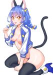  :p animal_ears black_thighhighs blue_footwear boots braid cat_ears cat_tail groin hair_ornament hairclip highres jacket kuppipi_ramutarou looking_at_viewer nipples no_bra no_panties open_clothes open_jacket orange_eyes paid_reward_available paw_pose precure pubic_hair simple_background star_twinkle_precure tail thighhighs tongue tongue_out twin_braids twintails white_background yuni_(precure) 