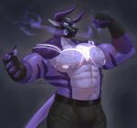  absurd_res anthro barazoku big_muscles clothed clothing gas_mask glowing glowing_nipples hi_res horn looking_at_viewer male mask muscular muscular_male nipples prick_ears purple_body shapeshifter_(artist) solo 