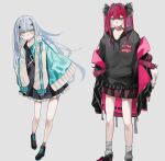  2girls alternate_hairstyle aqua_eyes black_hoodie black_ribbon black_shirt casual cernunnos_(fate) doll fairy_knight_lancelot_(fate) fairy_knight_tristan_(fate) fate/grand_order fate_(series) frilled_skirt frills full_body hair_ornament hair_ribbon hood hoodie jacket long_hair long_sleeves looking_at_viewer multiple_girls official_alternate_costume pleated_skirt ribbon san_(harutuki_3) shirt skirt smile socks yellow_eyes 