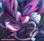  2017 ambiguous_gender angehistoire blue_sclera blush clothed clothed_feral clothing cute_fangs detailed_background dress eeveelution feral forest frilly frilly_clothing frilly_dress furgonomics generation_6_pokemon halloween halloween_costume hat headgear headwear high-angle_view holidays leg_markings looking_at_viewer looking_up markings nintendo one_eye_closed open_mouth open_smile outside path plant pokemon pokemon_(species) smile socks_(marking) solo sylveon tree video_games walking wink winking_at_viewer witch_costume witch_hat 