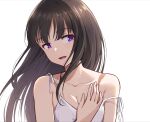  1girl black_hair dress hand_on_own_chest highres inoue_takina kooeiatd111020 long_hair lower_teeth lycoris_recoil open_mouth portrait purple_eyes scar simple_background smile solo strap_slip teeth white_background white_dress 