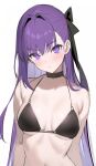  1girl absurdres bangs bare_shoulders bikini black_bikini blush breasts choker collarbone fate/extra fate/extra_ccc fate/grand_order fate_(series) highres long_hair looking_at_viewer meltryllis_(fate) navel purple_eyes purple_hair small_breasts solo spider_apple swimsuit very_long_hair white_background 