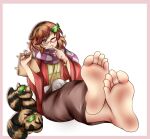  1girl :3 absurdres bangs barefoot border brown_eyes brown_hair brown_kimono checkered_clothes checkered_scarf closed_mouth commission ethan_(33327245) feet foreshortening full_body futatsuiwa_mamizou geta glasses highres japanese_clothes kimono leaf leaf_on_head long_sleeves looking_at_viewer one_eye_closed pink_border raccoon raccoon_girl scarf short_hair simple_background soles solo toes touhou white_background 