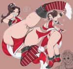  1boy 1girl absurdres andy_bogard ass bamman bangs breasts brown_eyes brown_hair cleavage folding_fan gloves hand_fan heart highres large_breasts legs meme ninja panties parted_bangs pelvic_curtain pink_background ponytail red_panties revealing_clothes shibari shiranui_mai shoes the_king_of_fighters thighs underwear 