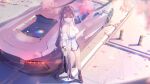  1girl absurdres bangs bare_shoulders black_footwear blue_eyes breasts brown_hair car chinese_commentary commentary_request dress gao_guangyue ground_vehicle halter_dress halterneck high_heels highres honkai_(series) honkai_impact_3rd large_breasts leaf leaning_on_object li_sushang long_hair motor_vehicle outdoors parted_lips shadow shoes short_dress sleeveless sleeveless_dress solo sports_car standing very_long_hair white_dress 