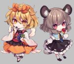  2girls animal_ears apple black_dress black_footwear blonde_hair blue_capelet blush capelet closed_mouth dress food fruit full_body grapes grey_background grey_hair hagoromo hair_between_eyes holding holding_food holding_fruit long_sleeves mouse_ears mouse_tail multiple_girls nazrin orange_skirt parted_lips red_eyes shawl shirt shoes short_hair simple_background skirt smile socks tail tomobe_kinuko toramaru_shou touhou white_shirt white_socks wide_sleeves yellow_eyes 