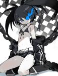  1girl arms_at_sides bare_shoulders belt bikini bikini_top_only black_bikini black_footwear black_hair black_jacket black_rock_shooter black_rock_shooter_(character) black_shorts blue_eyes boots bright_pupils broken broken_chain chain checkered_background collarbone dot_nose double_vertical_stripe facing_viewer fire flame flaming_eye flat_chest front-tie_bikini_top front-tie_top full_body groin highres hood hooded_jacket jacket jacket_removed knee_boots kokaki_mumose long_hair looking_to_the_side micro_shorts navel open_clothes open_jacket pale_skin parted_lips ribs scar scar_on_stomach seiza serious shade shadow shiny shiny_skin shorts silver_trim simple_background sitting skinny solo star_(symbol) star_print swimsuit thighs tsurime twintails two-tone_background unzipped white_background white_belt white_pupils zipper 