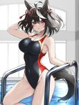  1girl absurdres ahoge animal_ears black_one-piece_swimsuit breasts brown_hair competition_swimsuit hair_between_eyes highres horse_ears horse_girl horse_tail kitasan_black_(umamusume) large_breasts looking_at_viewer multicolored_hair one-piece_swimsuit pool red_eyes ryuryu_mt short_hair solo streaked_hair swimsuit tail thighs umamusume water white_hair 