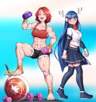  2girls :d abs antlers bangs black_shorts blue_background blue_eyes blue_hair blush bottle closed_eyes crop_top detached_sleeves dumbbell english_commentary full_body highres hinome_(kamiko) holding holding_bottle kamiko_(game) long_hair mefomefo miniskirt multiple_girls muscular muscular_female photoshop_(medium) red_hair red_sports_bra shield shirt short_hair short_sleeves shorts skirt smile sports_bra thighhighs toes very_long_hair water_bottle white_background white_shirt yamato_(kamiko) 
