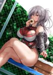  1girl alternate_costume azur_lane black_jacket blush breasts butterfly_hair_ornament commentary_request competition_swimsuit crossed_legs doughnut dunkerque_(azur_lane) eating fence food grey_hair hair_ornament highres jacket large_breasts long_hair looking_at_viewer one-piece_swimsuit oriue_wato picnic_basket ponytail purple_eyes sitting solo sweatdrop swimsuit thighs 