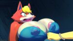  ambiguous_gender animal_crossing anthro areola audie_(animal_crossing) big_breasts blonde_hair blue_eyes blush bracelet breasts canid canine canis clothing dress duo female hair huge_breasts jewelry mammal multicolored_body nintendo nipple_outline open_mouth orange-peel pink_areola two_tone_body video_games wolf yellow_body 