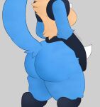  absurd_res anthro big_butt blue_body blue_fur breasts butt female fluffy fluffy_tail fur generation_4_pokemon grey_background hand_on_hip hi_res huge_butt lucario nintendo orange_body orange_fur pokemon pokemon_(species) rear_view side_boob simple_background solo spikes tail_tuft thick_thighs tuft video_games zzazzglitch 