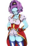  1girl blue_collar blue_eyes blue_skin breasts collar colored_skin dragon_ball dragon_ball_heroes dreadlocks eyelashes fingerless_gloves gloves hands_on_hips jewelry medium_breasts necklace pointy_ears puffy_short_sleeves puffy_sleeves purple_hair red_skirt rom_(20) short_sleeves skirt solo thighhighs 