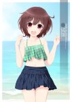  1girl absurdres artist_name beach bikini bikini_skirt blue_skirt brown_hair character_name commentary_request cowboy_shot dress frilled_bikini frills gradient_hair highres horizon inaba_shiki kantai_collection looking_at_viewer midriff mismatched_bikini multicolored_hair mutsuki_(kancolle) ocean open_mouth red_hair round_teeth short_hair skirt solo standing swimsuit teeth upper_teeth 