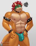  2022 abs absurd_res angry anthro armband big_bulge big_muscles body_hair bowser bracelet bulge claws clothing collar detailed_bulge eyebrows frown grey_background hair hands_on_hips happy_trail hi_res horn jayjay_(artist) jewelry koopa looking_at_viewer male mario_bros muscular muscular_anthro muscular_male narrowed_eyes nintendo nipple_piercing nipples non-mammal_nipples obliques pecs piercing pubes scalie simple_background solo spiked_armband spiked_bracelet spiked_collar spikes standing swirl text thong underwear url video_games 