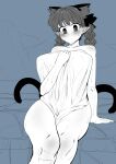  1girl :/ animal_ears arm_support blush bow braid breasts cat_ears cat_tail extra_ears feet_out_of_frame hair_bow huge_breasts kaenbyou_rin leaning_to_the_side looking_at_viewer mizuga monochrome multiple_tails naked_towel nekomata pointy_ears sitting soaking_feet solo tail touhou towel twin_braids two_tails wet 