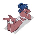  1girl amazu_(kurozu) aoi_(amazu) bangs bare_shoulders barefoot blue_hair closed_mouth dark-skinned_female dark_skin eyebrows_hidden_by_hair hair_between_eyes legs_up looking_at_viewer looking_back lying on_stomach original own_hands_together ponytail red_eyes shadow signature simple_background soles solo white_background 
