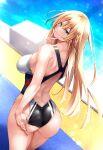  1girl absurdres adjusting_clothes adjusting_swimsuit ass azur_lane back back_focus blonde_hair blue_eyes blush breasts commentary_request competition_swimsuit highleg highres kongou_(azur_lane) long_hair looking_at_viewer looking_back one-piece_swimsuit oriue_wato sideboob smile solo swimsuit 