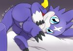  a_midnight_cat anthro bandai_namco bed blue_eyes blush claws digimon digimon_(species) dragon furniture gumdramon hi_res male purple_body scalie solo suggestive_pose 