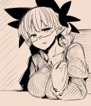  1girl animal_ears bangs bespectacled braid breast_rest breasts breasts_on_table cat_ears extra_ears fang glasses half-closed_eyes hand_up huge_breasts kaenbyou_rin light_smile looking_at_viewer mizuga parted_lips pointy_ears skin_fang solo touhou twin_braids upper_body 