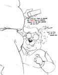  2022 anthro belly big_belly blush bottomwear bravo bulge canid canine canis clothing domestic_dog duo english_text eyewear glasses hi_res humanoid_hands male male/male mammal mature_male overweight overweight_male pants shirt solo_focus text tongue tongue_out topwear 