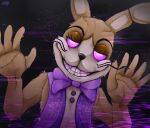  absurd_res anthro brown_body brown_fur bust_portrait button_(fastener) clothed clothing eyelashes five_nights_at_freddy&#039;s front_view fur glitchtrap hi_res lagomorph leporid male mammal narrowed_eyes patchwork_creature portrait purple_bow_tie purple_clothing purple_topwear rabbit ringed_eyes santanahoffman scottgames signature simple_background smile solo teeth topwear video_games white_body white_fur 