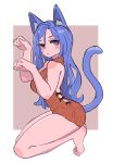  1girl amazu_(kurozu) animal_ear_fluff animal_ears arm_up bangs bare_arms bare_legs bare_shoulders barefoot blue_hair blush brown_background cat_ears cat_girl cat_tail closed_mouth commentary commission english_commentary full_body hand_up highres kneeling long_hair looking_at_viewer looking_to_the_side original parted_bangs paw_pose red_eyes red_sweater sleeveless sleeveless_turtleneck solo sweater tail thick_eyebrows turtleneck turtleneck_sweater two-tone_background very_long_hair white_background 