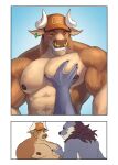  2022 absurd_res anthro anthro_on_anthro barazoku baseball_cap biceps big_muscles big_pecs bovid bovine buck_(rsotart) canid canine canis cattle claws clothing comic duo ear_tag eye_contact eyebrows eyes_closed facial_piercing fur hair hand_on_chest hand_on_pecs hat headgear headwear hi_res horn imminent_sex looking_at_another lucky_skebe male male/male mammal meme multiple_scenes muscular muscular_anthro muscular_male narrowed_eyes nipples nose_piercing nose_ring nude pec_grab pec_grasp pecs piercing ring_piercing rsotart smile teeth tuft vein wolf 