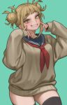  1girl absurdres bangs black_sailor_collar black_thighhighs blonde_hair blue_sailor_collar blunt_bangs blush boku_no_hero_academia breasts brown_cardigan cardigan cowboy_shot double_bun green_background grin hair_bun hands_up highres lentiyay long_sleeves looking_at_viewer messy_hair narrowed_eyes neckerchief red_neckerchief sailor_collar school_uniform serafuku sidelocks simple_background smile solo teeth thighhighs toga_himiko yellow_eyes zettai_ryouiki 