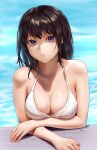  absurdres bare_arms bikini black_hair breasts cleavage closed_mouth highres inoue_takina long_hair looking_at_viewer lycoris_recoil medium_breasts purple_eyes sibo swimsuit wet white_bikini 