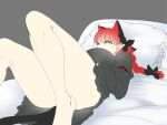  1girl animal_ears ass barefoot bed bow braid breasts cat_ears cat_tail convenient_leg covered_mouth extra_ears huge_breasts kaenbyou_rin knees_up long_hair lying mizuga multiple_tails nekomata on_back on_bed pillow pointy_ears red_hair solo tail touhou twin_braids two_tails 