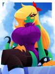  3_fingers anthro big_breasts blonde_hair breasts claws clothed clothing eliza_(nelljoestar) female fingers footwear green_body hair hi_res iguanid legwear lizard long_hair red_eyes reptile scalie solo stockings thick_thighs topwear vest xan-gelx yellow_claws yellow_sclera 