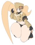  1girl bamman bangs black_gloves black_panties blonde_hair blue_eyes boots breasts coat full_body fur_hat gloves groin guilty_gear guilty_gear_strive hat highres kneeling large_breasts long_hair long_sleeves millia_rage navel no_pants panties parted_bangs prehensile_hair solo thighs underwear ushanka 