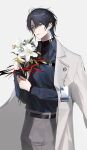  absurdres ameinu black_skirt black_suit blue_hair flower formal grey_eyes grey_pants highres holding holding_flower lily_(flower) non-web_source pants short_hair skirt suit 