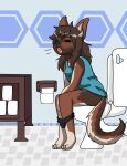  anthro bathroom black_nose breasts brown_body brown_fur brown_hair canid canine canis clothing domestic_dog eyes_closed female fiona_(artist) fur hair hi_res mammal open_mouth shirt sitting solo tank_top toilet topwear yawn young 