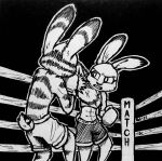  2022 absurd_res anthro boxing_gloves clothed clothing dipstick_ears disney duo eye_contact female fighting_ring handwear hi_res inktober jack_savage judy_hopps lagomorph leporid looking_at_another male mammal midriff monochrome multicolored_ears rabbit theblueberrycarrots traditional_media_(artwork) zootopia 