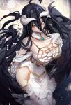  1girl ahoge albedo_(overlord) bangs bare_shoulders black_hair black_wings breasts demon_girl demon_horns detached_collar dress feathered_wings gloves hair_between_eyes highres hip_vent horns large_breasts long_hair low_wings open_mouth overlord_(maruyama) smile solo untue very_long_hair white_dress white_gloves white_horns wings yellow_eyes 