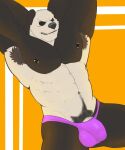  2022 abs anthro armpit_hair beastars big_bulge big_muscles black_sclera body_hair bulge clothing detailed_bulge fur genitals giant_panda gouhin_(beastars) hands_behind_head happy_trail hi_res jayjay_(artist) male mammal muscular muscular_anthro muscular_male navel nipple_piercing nipples obliques pecs penis penis_base piercing pubes scar simple_background sitting solo thong tuft underwear ursid 